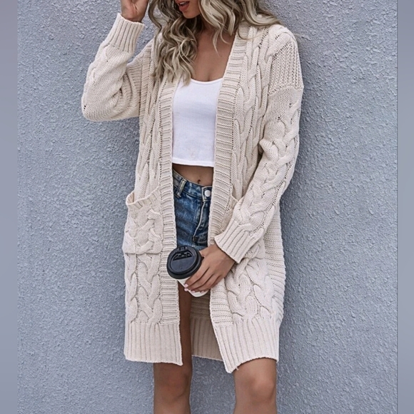 New Boho Long Cable Knit Cardigan Sweater Pockets Long Sleeve Beige Cream Ivory - Picture 7 of 9